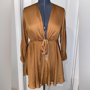Gold silk dress w/deep V neck